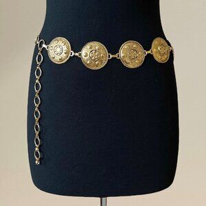 Vintage 80s 90s Gold Tone Etruscan Round Medallions Statement Link Chain Belt